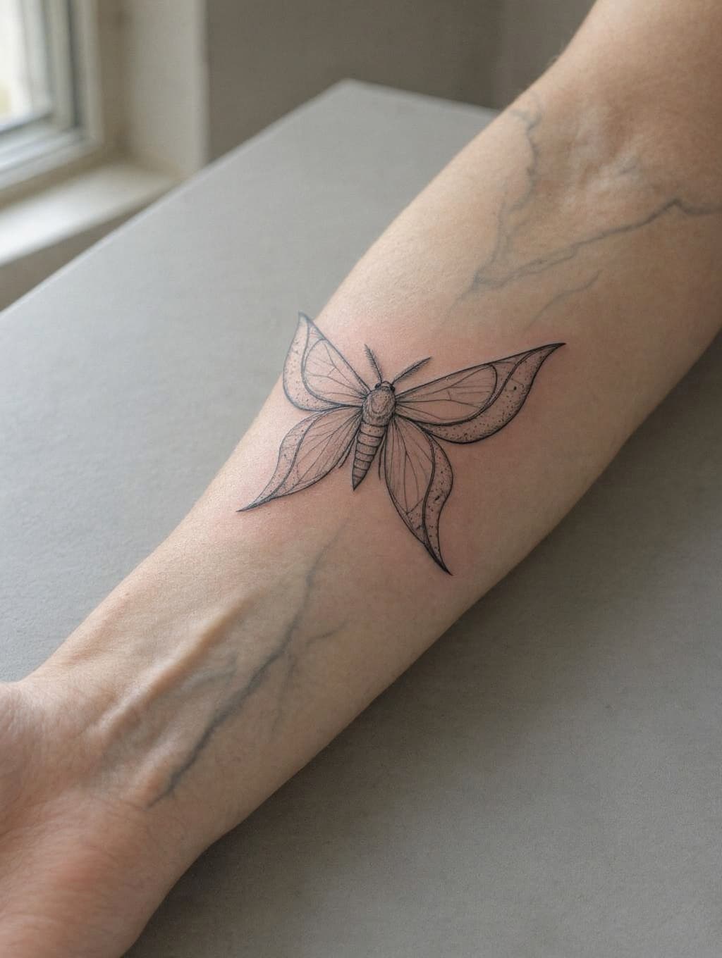 Forearm with AI-inked moth tattoo